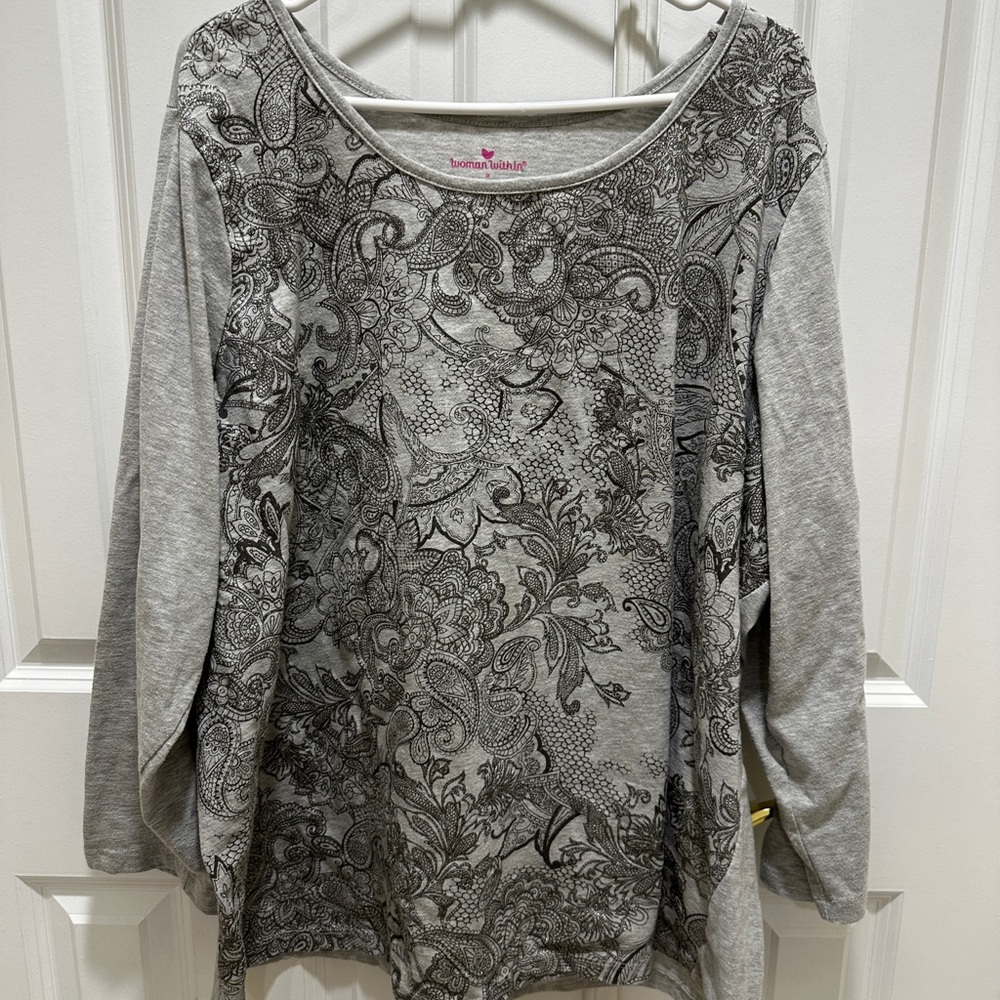 Woman within Grey Paisley Long Sleeve Scoop Neck Top size 3x